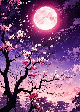 Cherry Blossoms Under a Pink Moon