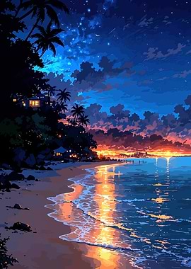 Tropical Beach at Sunset Digital Art