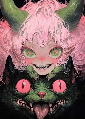 Monster Girl and Cat Illustration