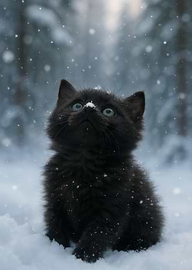 Black Kitten in Snowy Winter Forest