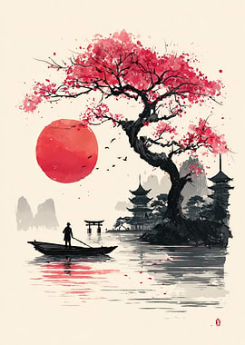 Japanese Landscape with Cherry Blossom Tree