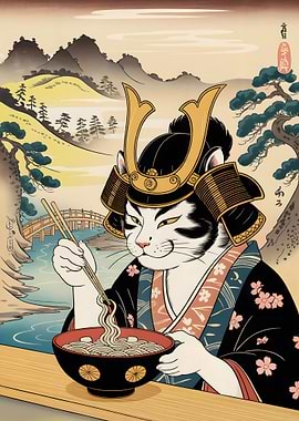 Samurai Cat Eating Noodles Ukiyo-e Style