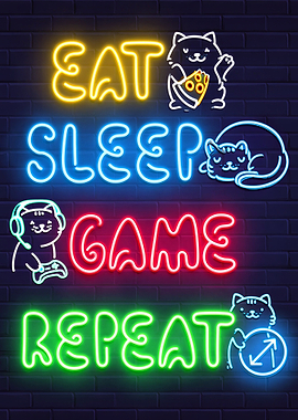 Eat Sleep Game Repeat Neon Cats