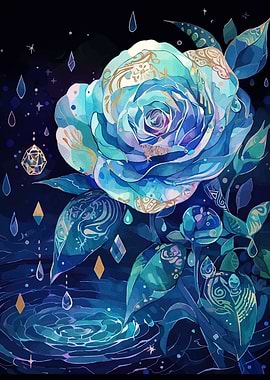 Blue Rose with Water and Gems