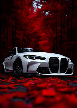White BMW M3 in Red Forest