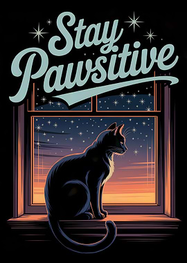 Stay Pawsitive Cat Window Starry Night
