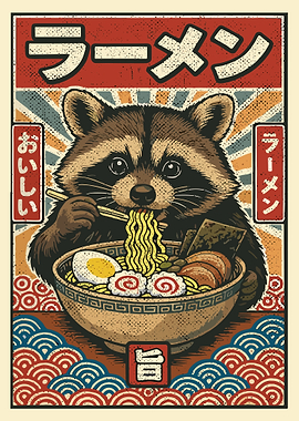 Raccoon Eating Ramen Poster Japanese Style Wall Art Cute Animal Noodle Print