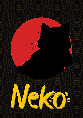 Neko Cat Silhouette with Red Sun
