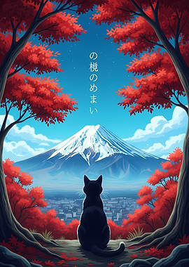 Black cat viewing Mount Fuji