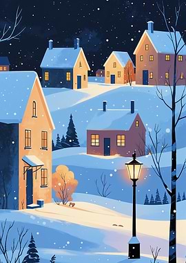 Cozy Winter Village Under Starry Night