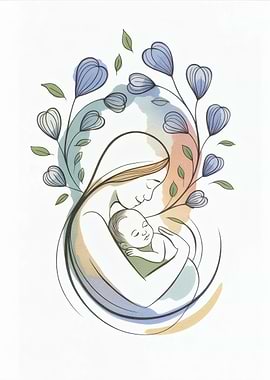 Mother and Child Floral Illustration