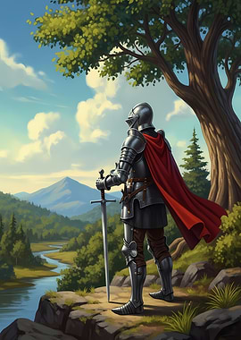 Knight overlooking landscape with sword