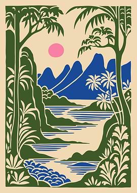 Tropical Landscape with Pink Sun