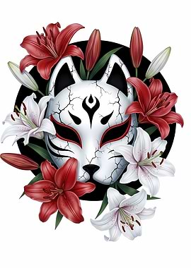 Kitsune Mask with Lilies