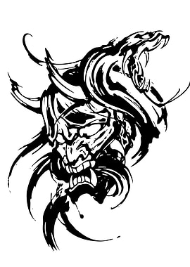 Hannya Mask and Snake Ink Drawing