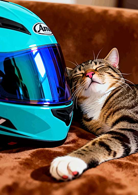 Cat Napping with Motorcycle Helmet