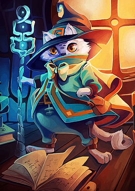 Cat Wizard with Magic Staff and Book