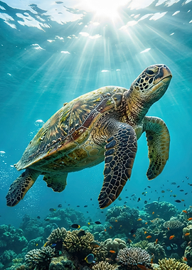 Majestic Sea Turtle Swimming Over Coral Reef – Ocean Wildlife Art