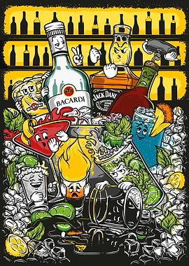 Cartoon Alcoholic Beverages in Ice Bucket