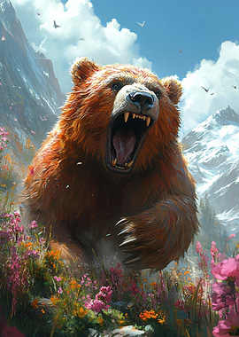 Roaring Bear in Mountain Landscape