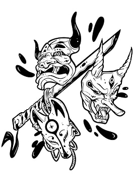 Japanese Masks and Sword Blackwork Illustration