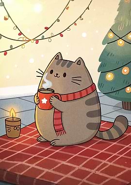 Cartoon Cat with Hot Chocolate Christmas