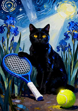 Black Cat with Tennis Racket Painting