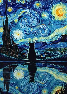 Cat Starry Night Painting