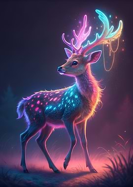 Neon Deer in Dark Forest