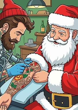 Santa Claus getting a Christmas tattoo