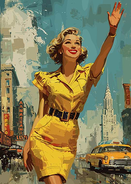 Vintage Woman Waving in New York City