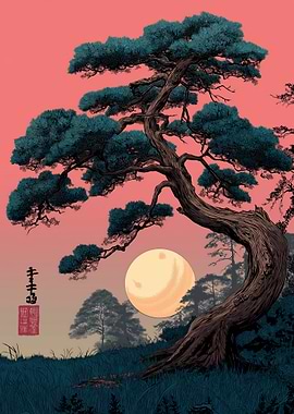 Japanese Bonsai Tree and Moon