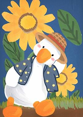 Duck with hat and sunflowers