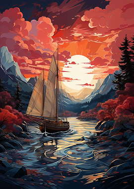 Sailboat at Sunset Landscape