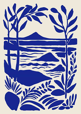 Blue Landscape with Plants and Mountains