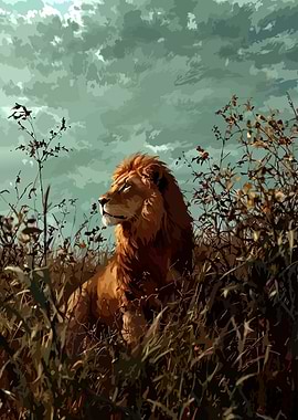 Lion in Tall Grass Illustration