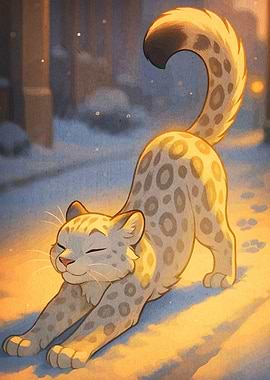 Stretching Snow Leopard in Winter Scene