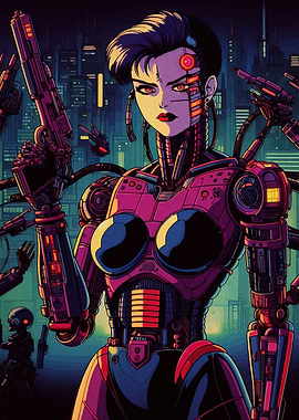 Cyberpunk Android Woman with Gun