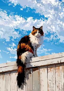 Calico Cat on Fence Digital Art