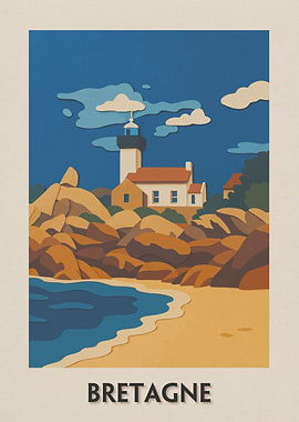 Bretagne Coastal Landscape with Lighthouse