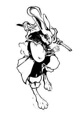 Rabbit Samurai Black and White Illustration
