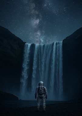 Astronaut at Waterfall Under Starry Sky