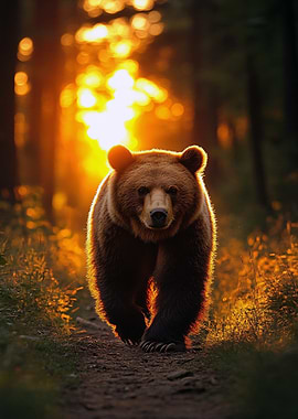 Bear Walking in Forest at Sunset