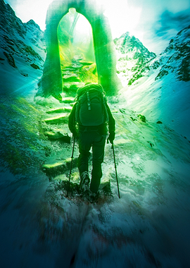 Hiker Climbing Snowy Mountain Steps