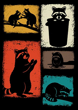 Retro Raccoon Poster Collage Cute Animal Wall Art Vintage Style Illustration Print