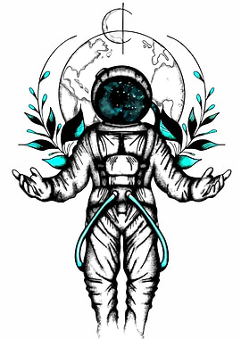Astronaut with cosmic helmet and plants
