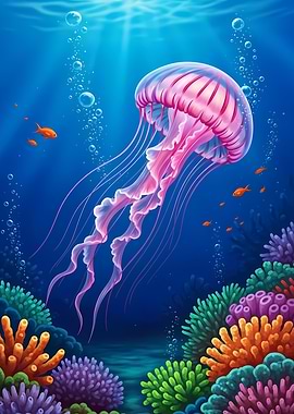 Pink Jellyfish in Ocean Scene
