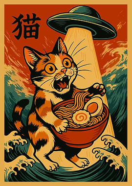 UFO Cat Ramen Poster Funny Surreal Cat Wall Art Japanese Style Anime Print