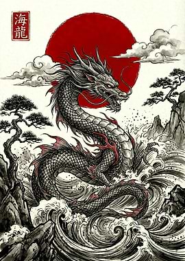 Japanese Dragon in Ink Wash Style