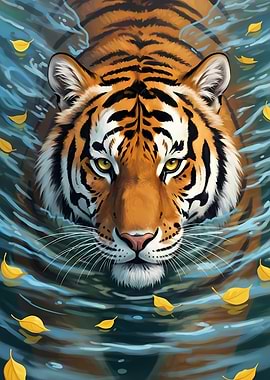 Tiger Swimming in Water with Leaves